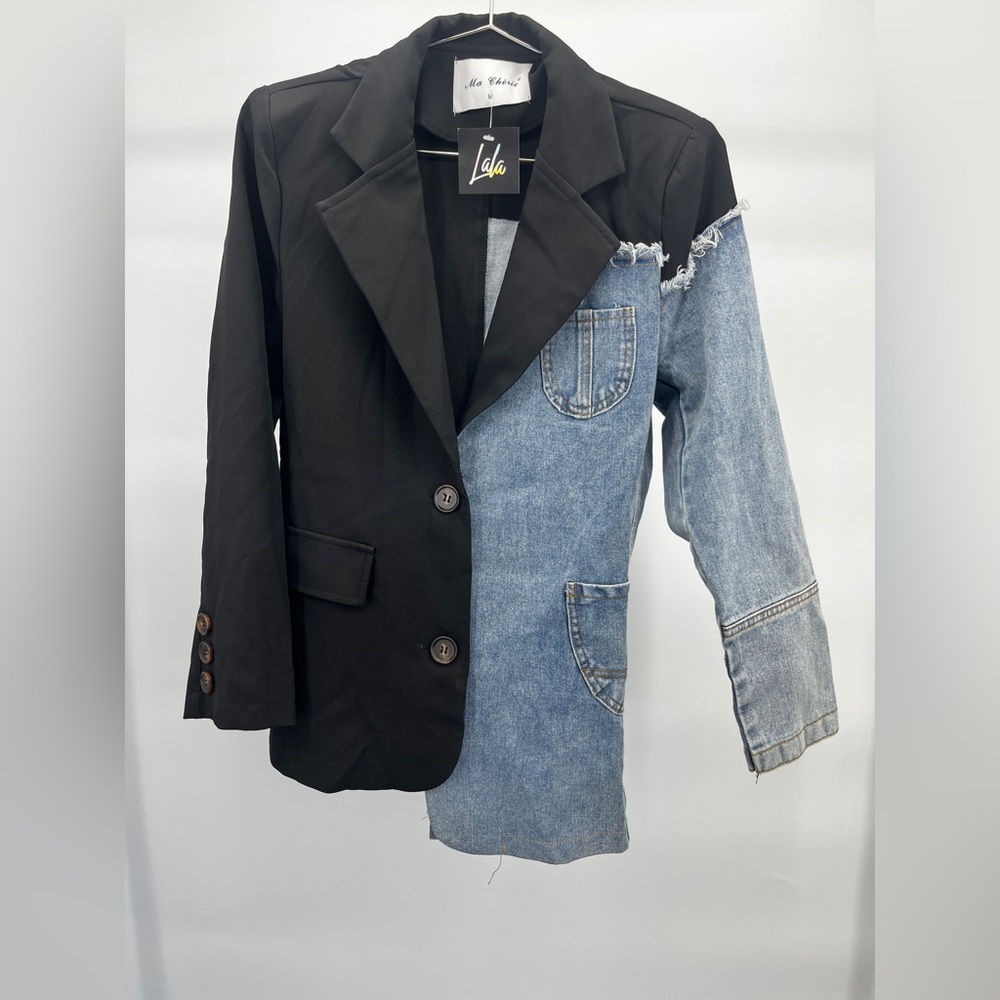 Women’s Jacket - Dressed in LALA Black and Denim Patchwork Blazer Size Medium - Picture 2 of 7
